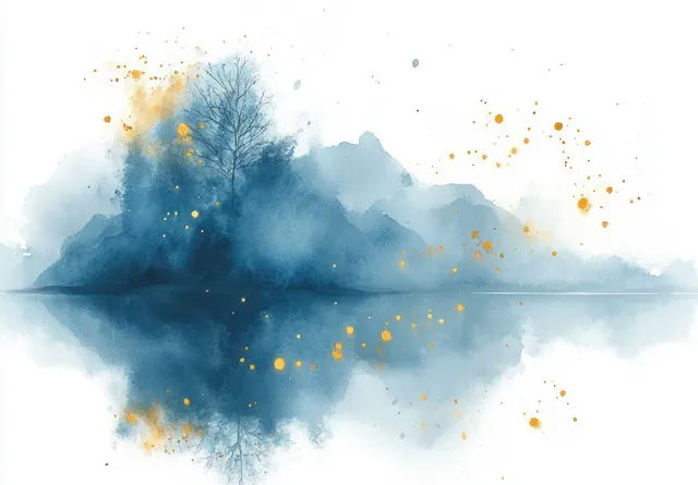 Watercolor abstract background with blue mist, gold speckles, and tree silhouette