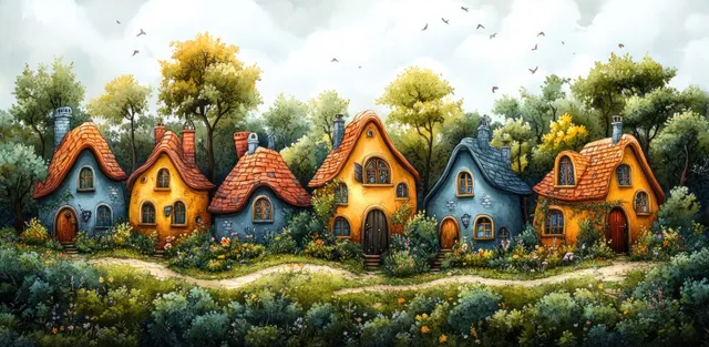Colorful storybook houses with orange roofs sit among lush green trees under a bright cloudy sky.