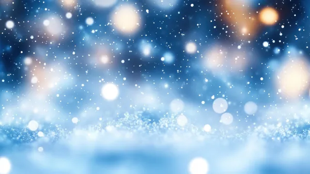 Soft-focus falling snowflakes drift through blue light bokeh and warm glowing orbs.