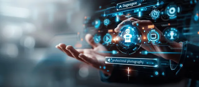 Businessman touching a glowing virtual chatbot interface with support icons and holographic elements.