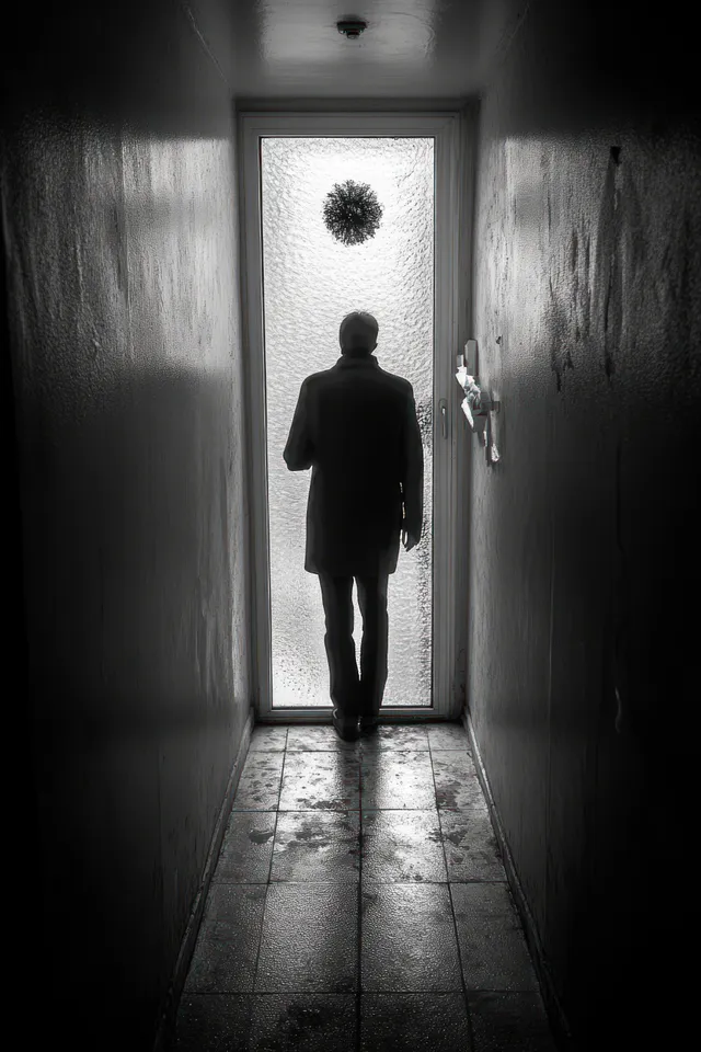 A silhouetted person stands in a dark hallway facing a frosted glass door with a wreath.