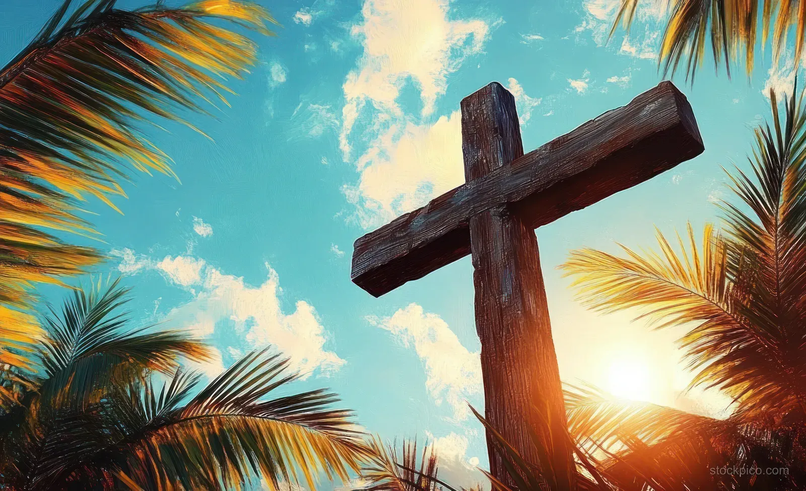 A wooden cross is surrounded by tropical palm leaves as sunlight beams across a blue sky with clouds.