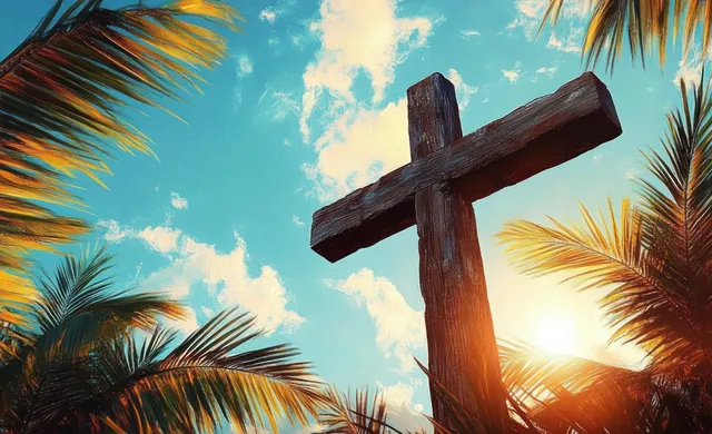 A wooden cross is surrounded by tropical palm leaves as sunlight beams across a blue sky with clouds.