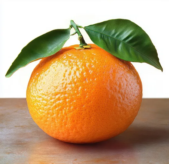 Ripe tangerine on a brown surface with two green leaves on a branch against a white background.