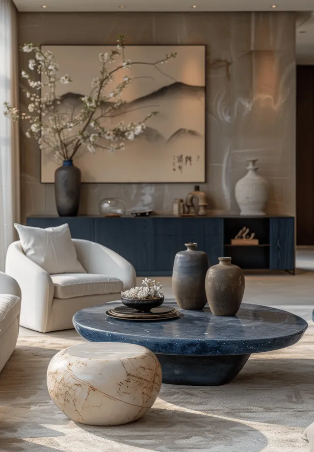 Minimalist living room with blue oval coffee table, white chairs, and framed wall art