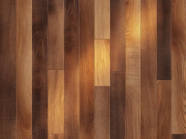 Polished hardwood floor close-up with varied brown planks and visible natural wood grain texture.