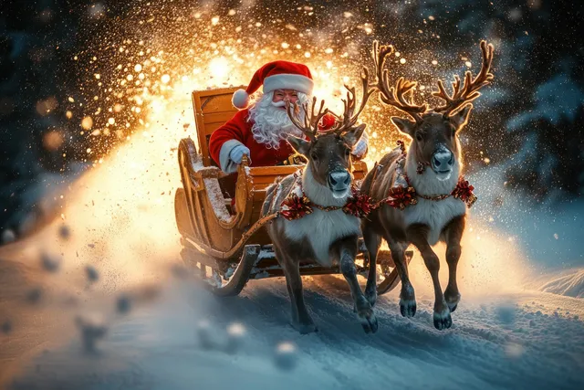 Santa Claus drives a wooden sleigh pulled by reindeer through a snowy forest at dusk, with sparkling snow.