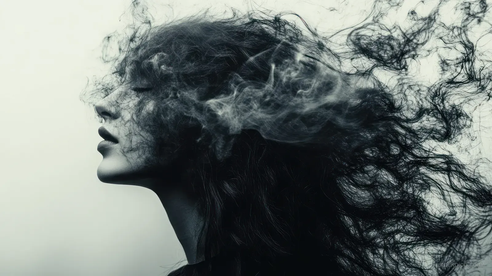 Abstract monochrome woman profile with smoke-like hair swirling around her head.