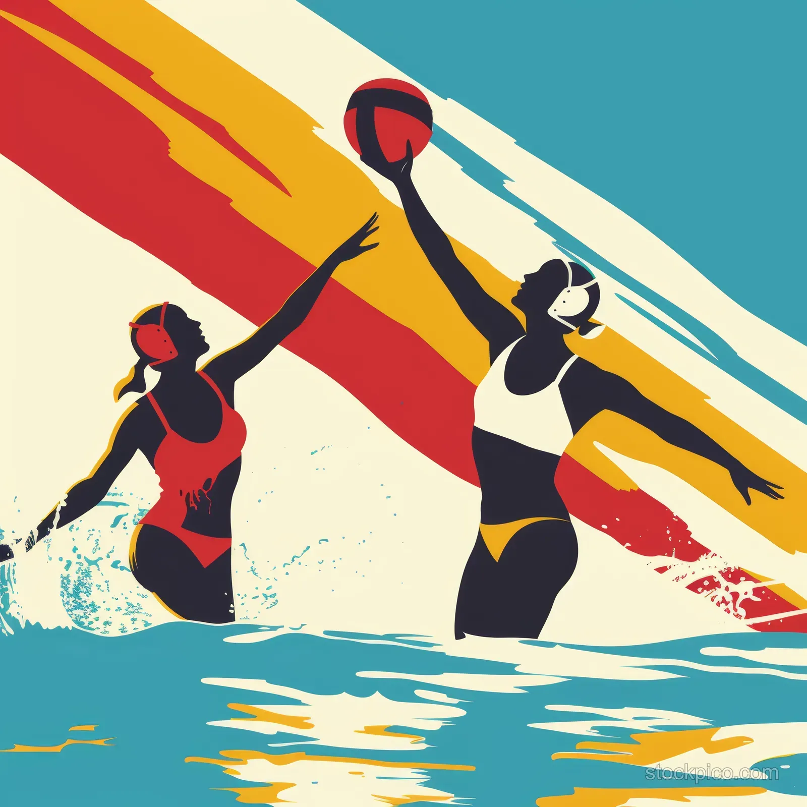 Stylized silhouettes of Japanese women water polo players in dynamic action against an aquatic backdrop, showcasing energy and competition.