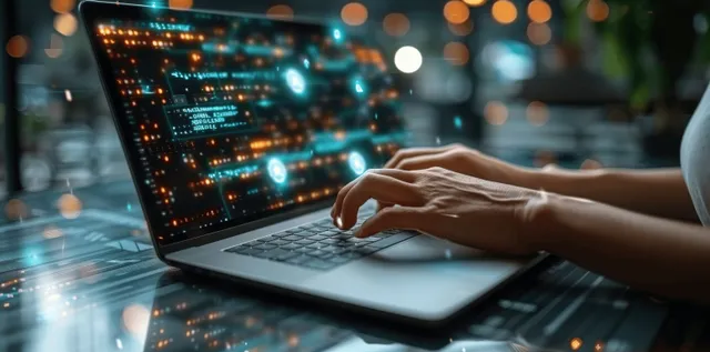 A person typing on a laptop with glowing AI-like code and data panels hovering over the screen.