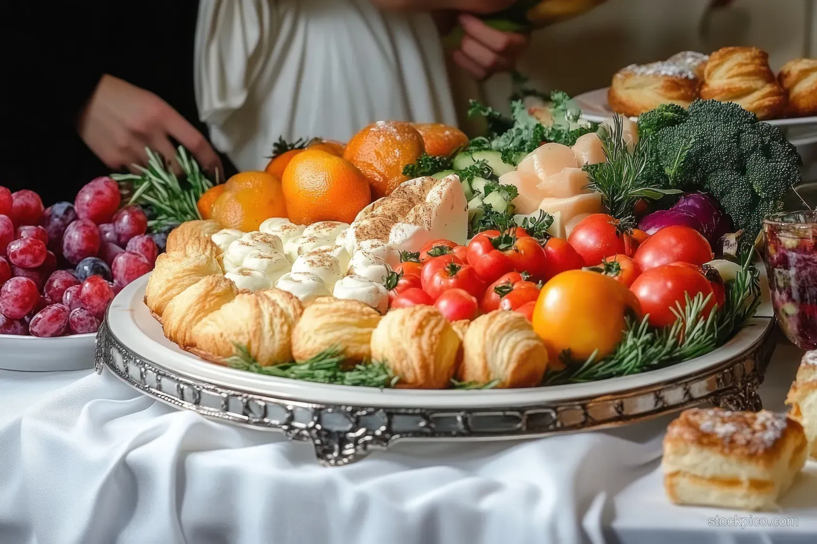 Silver platter on a white tablecloth with croissants, tomatoes, oranges, cheeses, and fresh rosemary