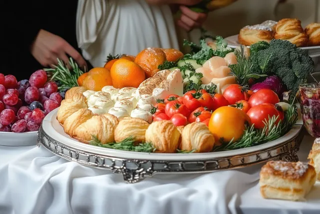 Silver platter on a white tablecloth with croissants, tomatoes, oranges, cheeses, and fresh rosemary