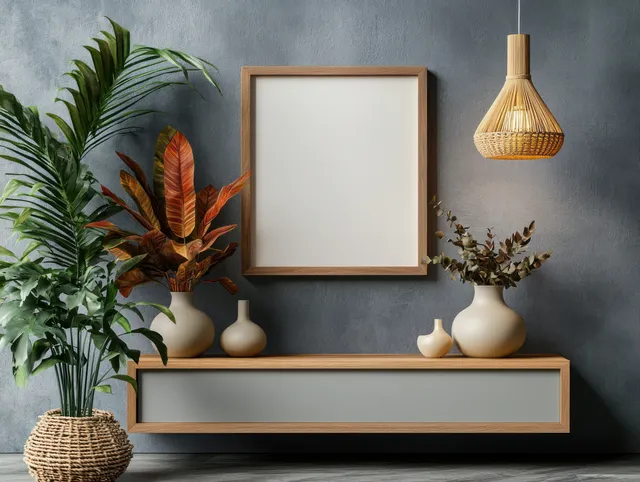 Empty square poster frame hangs above a minimalist wooden console with vases and pendant lamp lighting in a Scandinavian room.