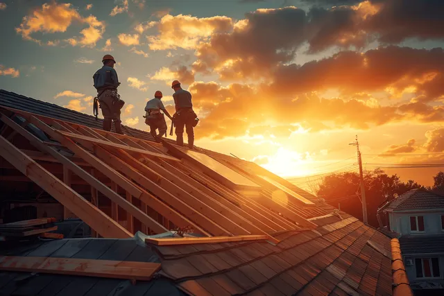 Construction workers installing roofing on a sunset roof, safety harnesses visible