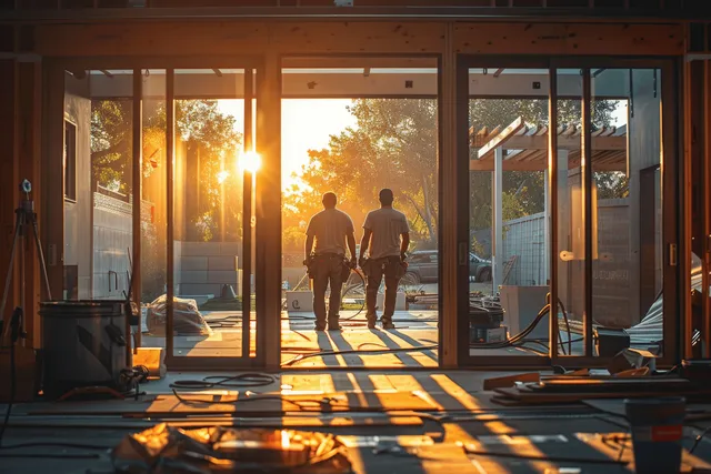 A construction team installs sliding glass doors in a modern home, illuminated by warm golden-hour sunlight.