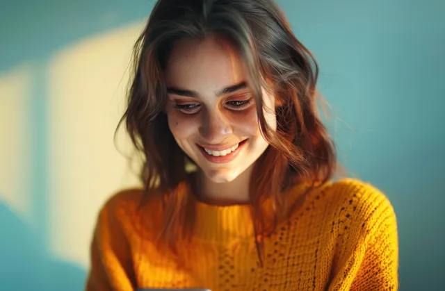 Young woman with wavy auburn hair wearing a textured mustard sweater smiles in soft warm indoor light.