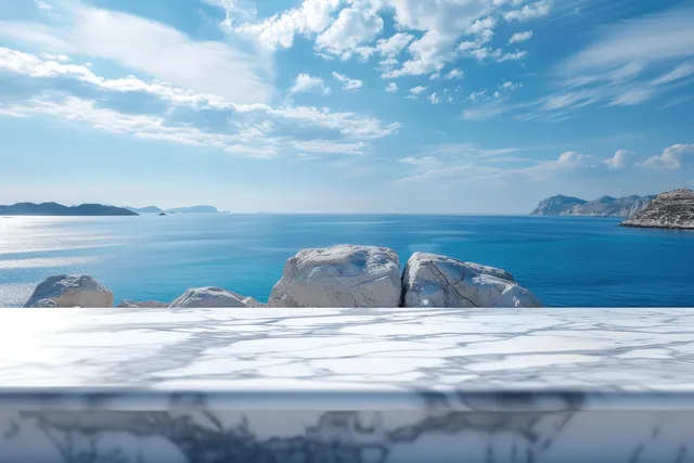White marble tabletop in front of a softly blurred blue ocean horizon with island coastline in daylight.