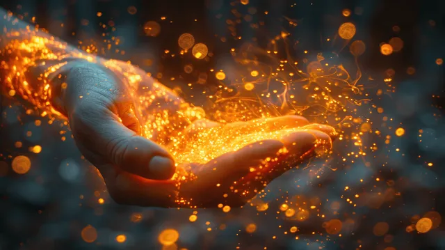 A hand releasing a glowing golden stream of particles over a dark abstract background.