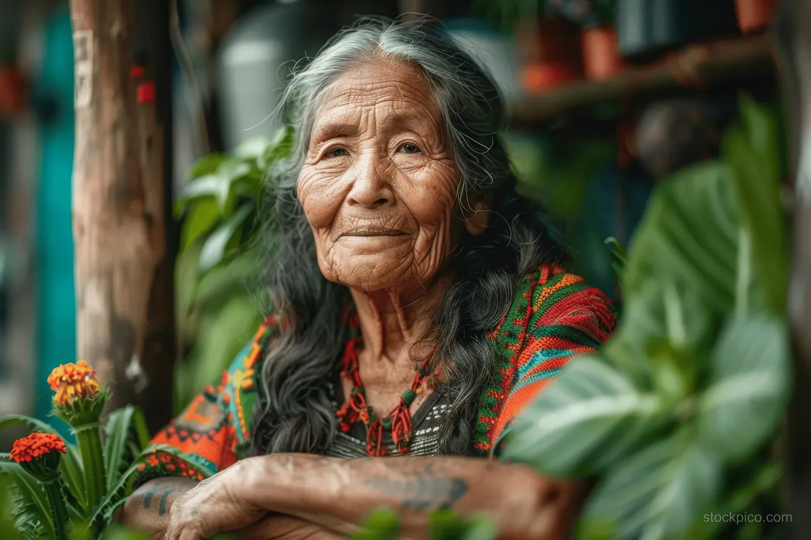 Smiling elderly Latina woman holding a potted plant beside vibrant native flowers outdoors.