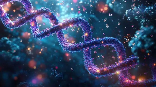 Glowing double helix DNA molecules surrounded by floating particles in a bluish microscopic scene.