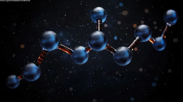 Close-up molecular model with blue spheres and glowing reddish bonds drifting in dark particle field