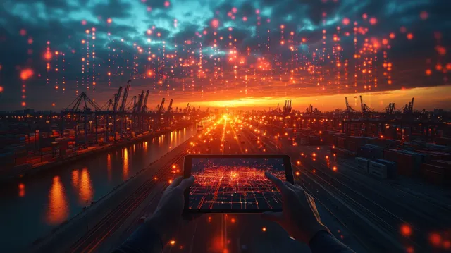 Businessman checking routes on tablet in cargo yard at sunset, containers and dock lights