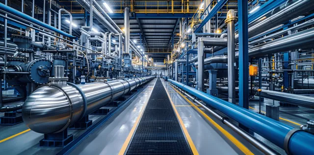Hydrogen production plant interior with blue pipelines and stainless storage tanks