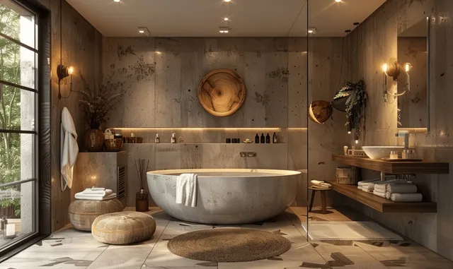 Modern bathroom interior with a round soaking tub, wooden shelf accents, textured tiles, and a large window letting in daylight.