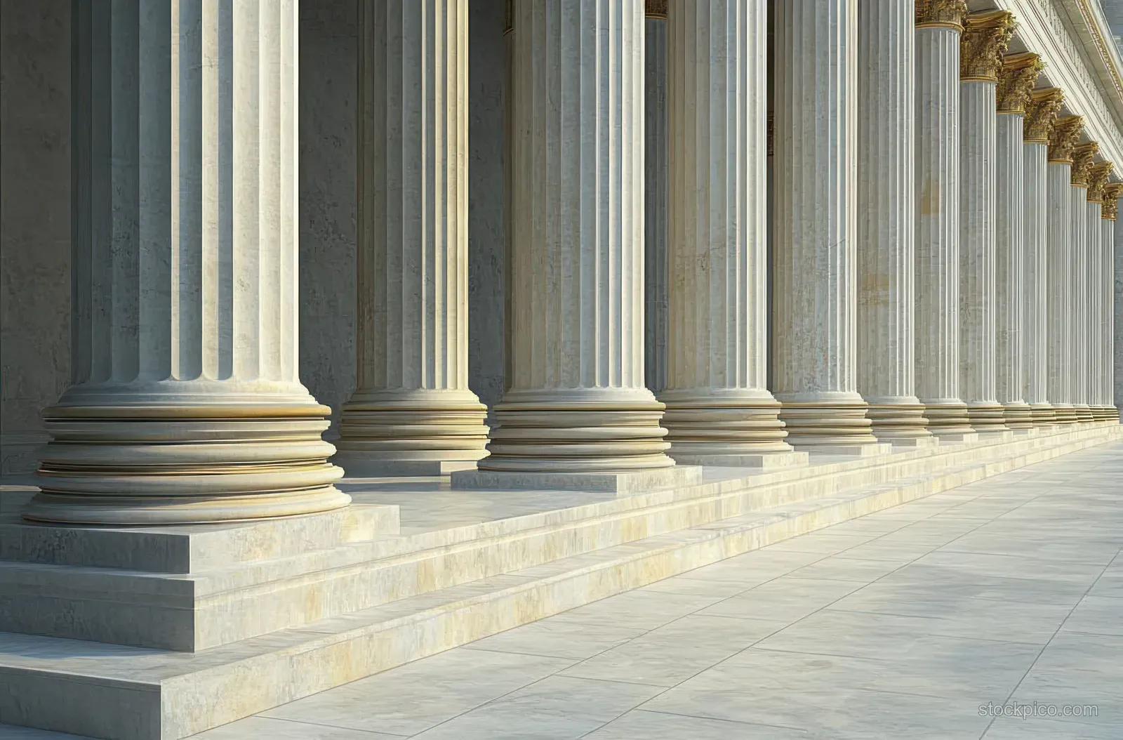 Fluted white marble columns with gold capitals line a stone corridor, lit by soft sunlight.