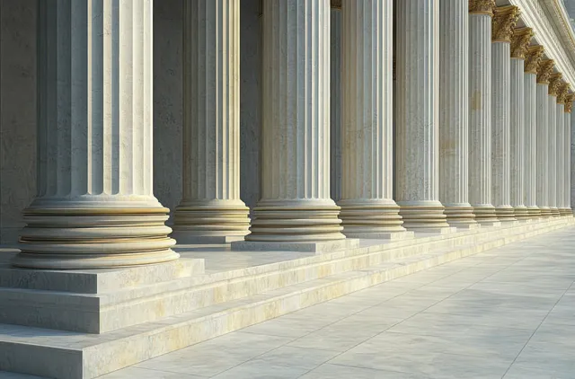 Fluted white marble columns with gold capitals line a stone corridor, lit by soft sunlight.