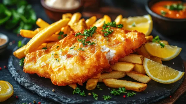 Golden fried battered fish on thick-cut fries with lemon wedges and chopped herbs on a black slate plate.