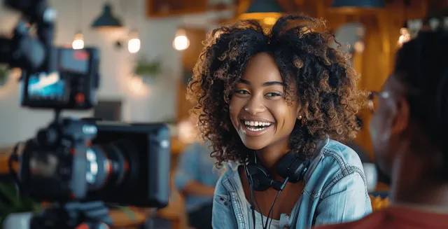 Smiling female influencer answers interview questions as a camera crew records her in a modern studio.