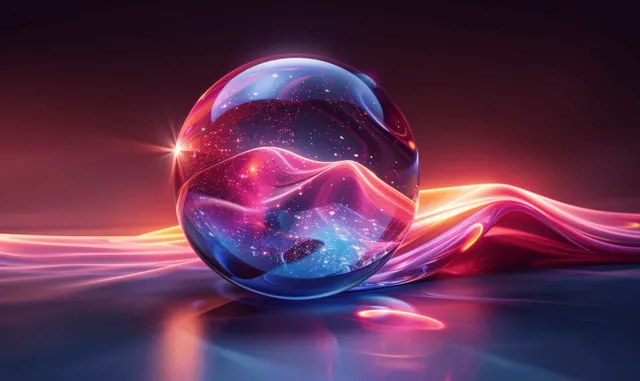 Futuristic glass sphere floats over neon waves with light refraction and galaxy-like reflections