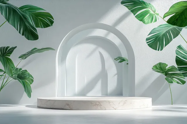 White nested arch display stand on a marble base surrounded by tropical green leaves and soft natural shadows.