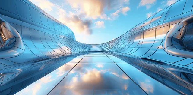 Low-angle view of curved glass and steel skyscraper with soaring twin facades at dusk