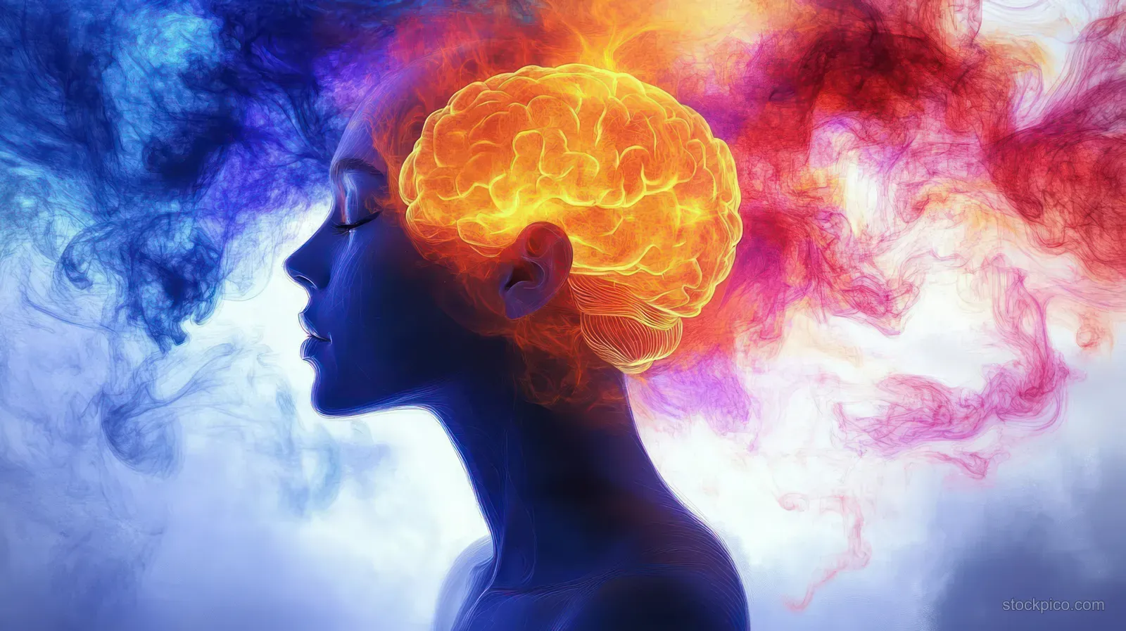 Side profile of a person with closed eyes, glowing orange brain, and swirling blue and red smoke.