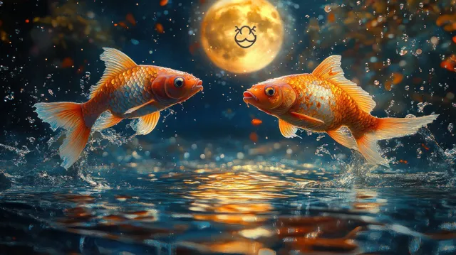 Two goldfish leap from rippling water under a bright full moon in a starry night sky.