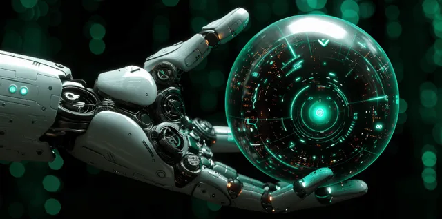 Robot hand and human fingers touch a glowing digital sphere in a networked dark scene