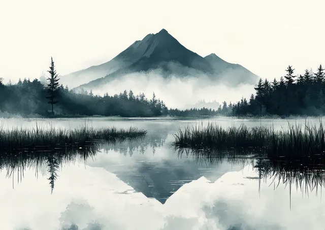 Monochrome ink-wash mountain landscape with mist, rice fields, and calm lake reflection.