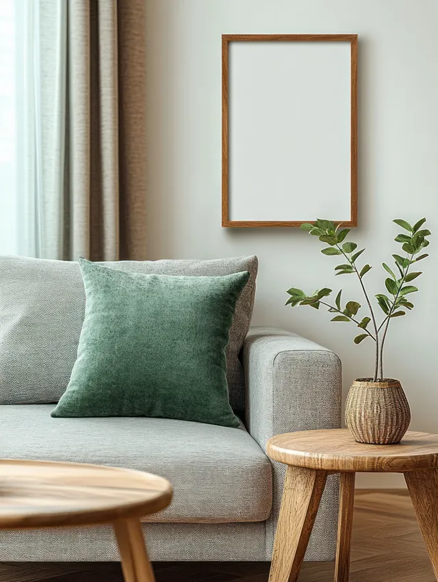 Gray sofa with green velvet cushion, wooden side table, and a potted plant near sheer curtains.
