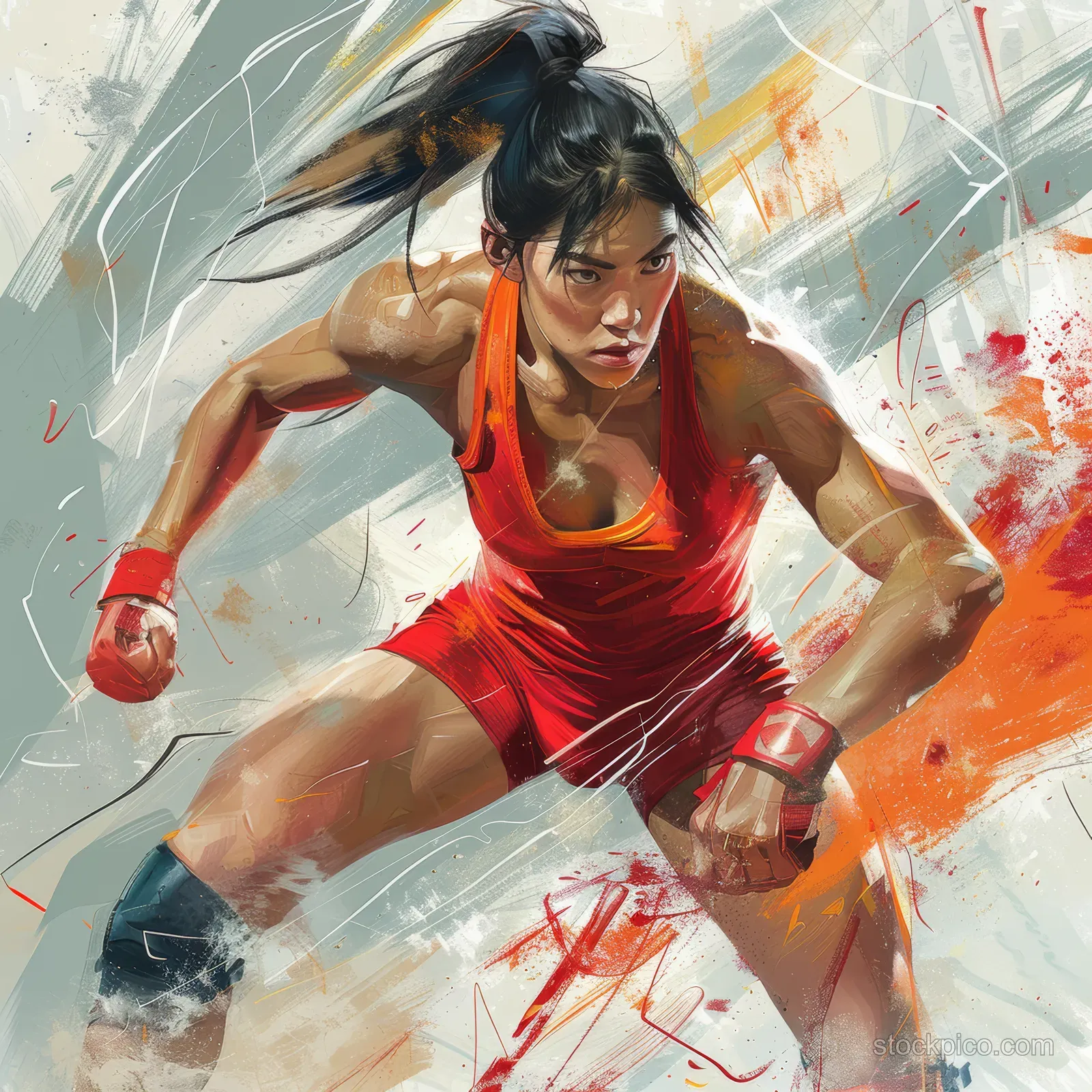 A Chinese female freestyle wrestler in a red singlet grapples during an intense takedown amid orange splashes and motion lines.