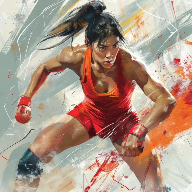 A Chinese female freestyle wrestler in a red singlet grapples during an intense takedown amid orange splashes and motion lines.