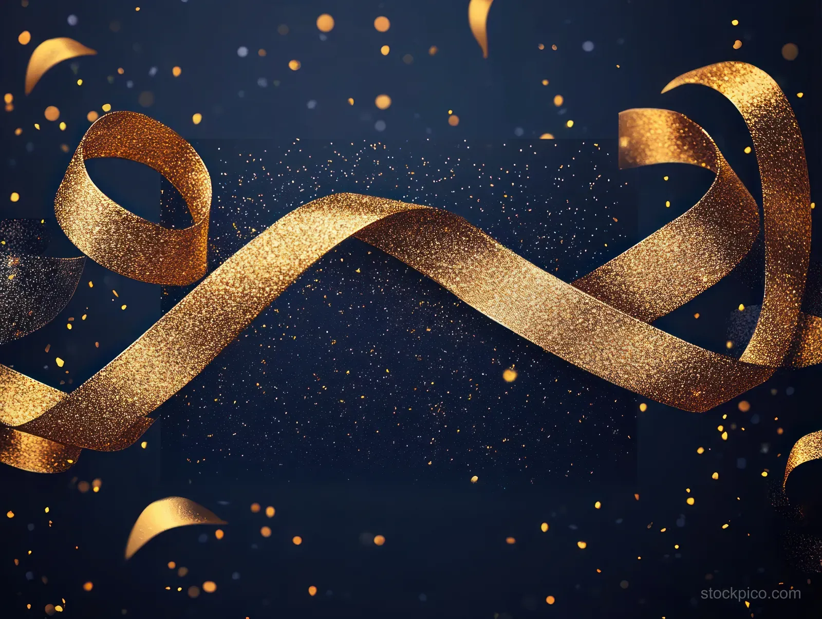 Golden ribbon curls on a dark starry invitation card background with sparkling gold particles.