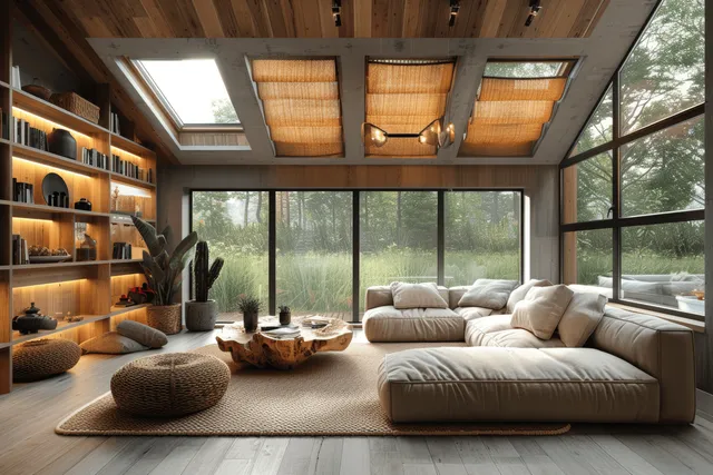 Corner sofa and wooden shelving in a Scandinavian attic living room under skylights and large windows.