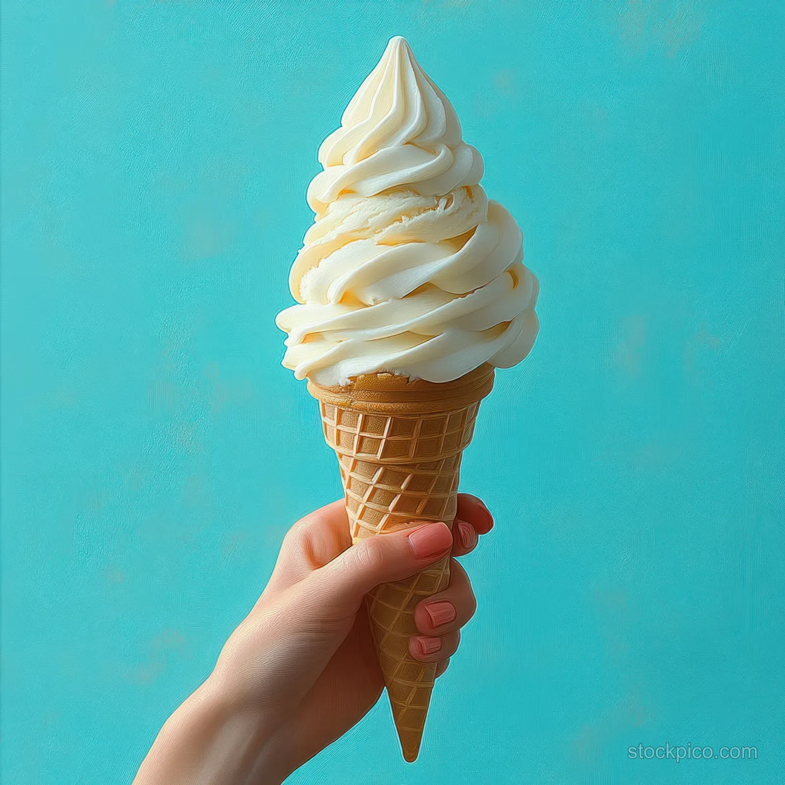 A hand holds a vanilla soft serve ice cream cone with a smooth swirl against a bright blue background.