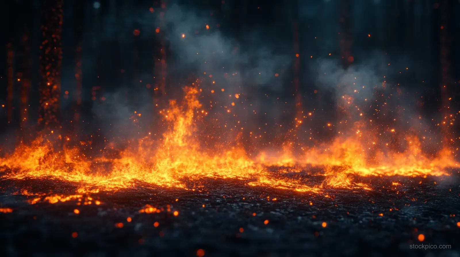 Wildfire flames and glowing embers burn across a charred forest floor at dusk.