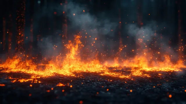 Glowing wildfire flames line a charred forest floor at dusk