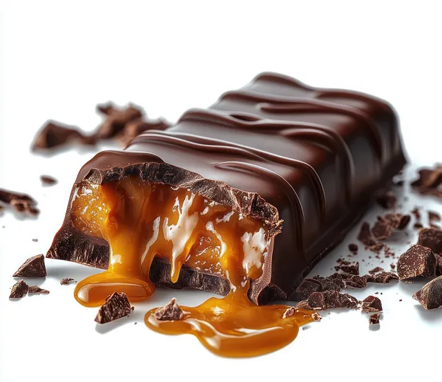 Broken chocolate bar with molten caramel filling oozing out, surrounded by chocolate chunks on a white background.