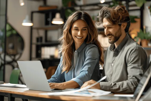 A businesswoman and young manager review project documents beside a laptop while smiling in an office meeting.