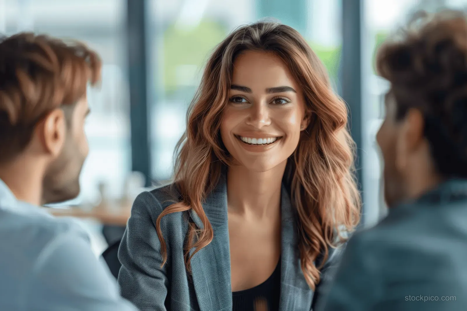 A smiling young woman speaks to coworkers during a business meeting in a bright modern office.